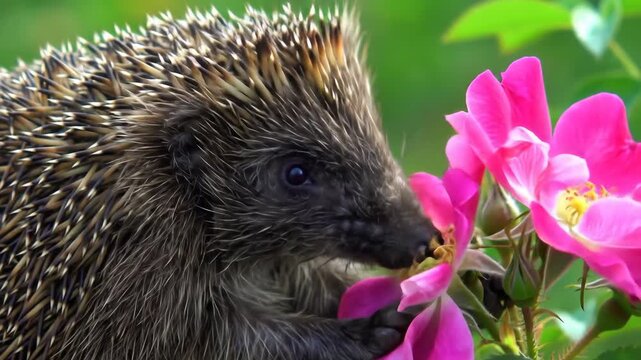 Close-up of a cute hedgehog smelling pink rose flowers in a garden. Nature.
