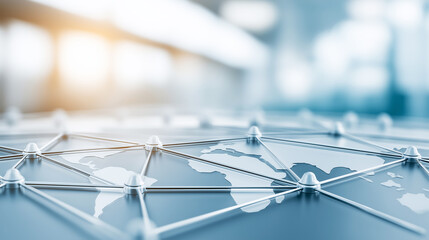 World map with connected nodes representing a global network, finance, and international business communication infrastructure