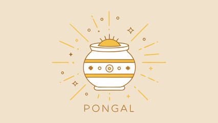 Happy Pongal poster, thin line icon illustration of Pongal pot and sun, ultra-minimal poster design, beige and gold tones, white background, modern cultural graphic
