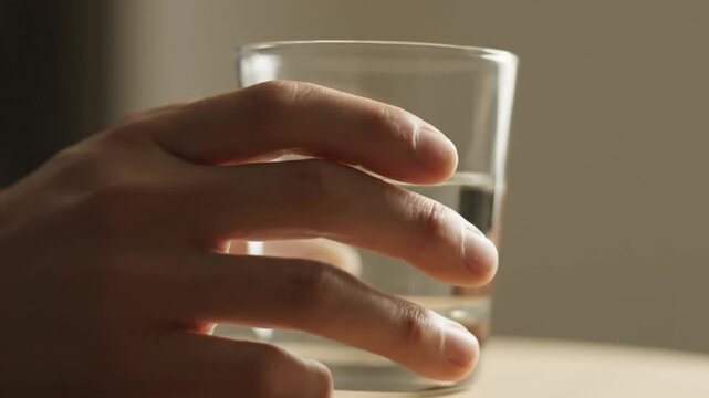 Close-up of a hand placing a glass of water on a table, showcasing hydration and daily routine.