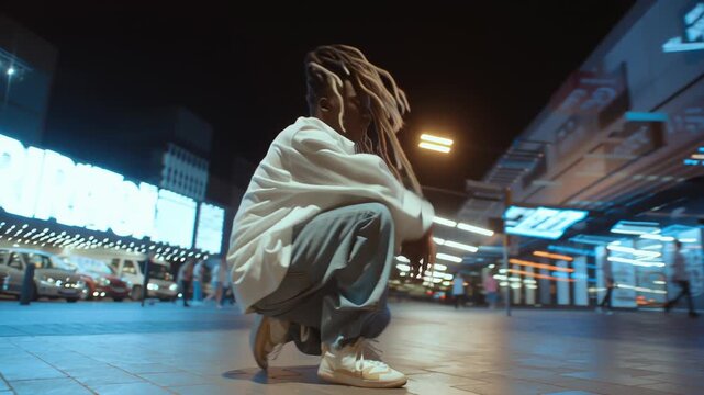 Documentary-style hiphop street dance moment, authentic self-expression and flow, spontaneous movement captured naturally, ambient urban light, realistic human presence, strong sense of street culture