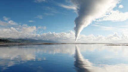 A powerful waterspout forms in the sky over calm ocean waters with distant mountains under a cloudy blue sky