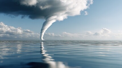 A powerful water spout vortex swirls over the calm blue ocean under a dramatic cloudy sky