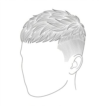 Line art of textured crop with low drop fade, three quarter view. Minimalist barber illustration.