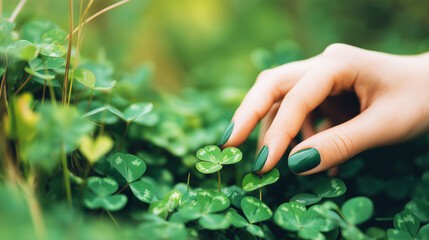 Obraz premium Woman's hand with emerald green nail polish softly touching a lucky three leaf clover growing in a lush green field