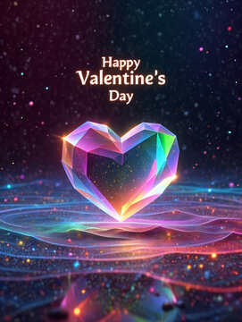 A sparkling faceted heart glows with vibrant colors on valentine's day amidst cosmic glitter