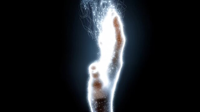 Hand reaches out with strands of light and energy in a dark space creating a visual effect at an unknown time
