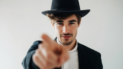 Confident young man with a slight beard in a stylish black fedora hat addressing camera, symbolizing choice and direction