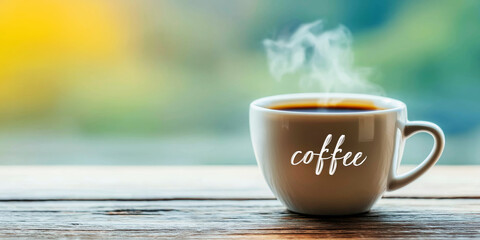 Hot cup of black coffee labeled coffee sits on a cozy rustic table against a softly blurred natural background, capturing the peaceful morning atmosphere