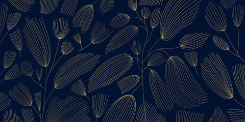 Obraz premium Luxury botanical pattern, abstract line leaves, floral art deco gold background. Elegant vector design, jungle foliage, organic texture, wallpaper, textile print, poster, premium decor