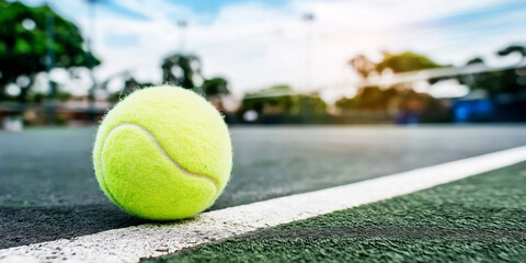 Tennis ball resting on a green artificial turf court next to a white baseline, ready for a match on a sunny day