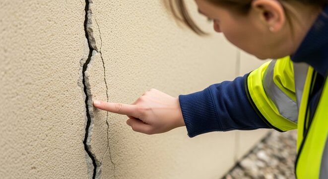 Worker points at crack in concrete wall to show need for repair