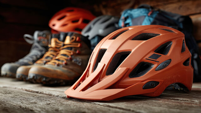 An orange bike helmet sits on a wooden surface alongside hiking boots, with a backpack in the background, suggesting a day of outdoor adventures and mountain biking - Powered by Adobe