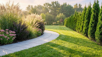 Fototapeta premium A beautifully landscaped home garden with a curved stone path, lush green lawn, vibrant ornamental grasses, pink flowers, and a tall evergreen hedge under warm sunlight.