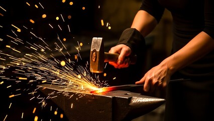 Crafting metal through hammering sparks in a workshop
