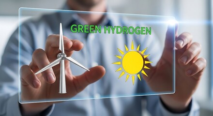 A person interacting with a holographic display showing green hydrogen concept with wind turbine and sun.