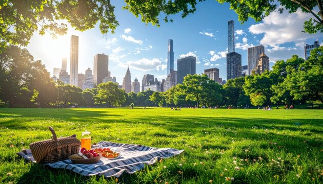 A lush green urban park in spring features vibrant grass and trees set against a majestic city skyline of towering skyscrapers and iconic downtown architecture