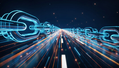 Innovative digital blockchain network connecting data and information with glowing futuristic technology on a highway