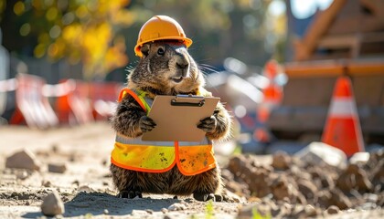 groundhog construction worker holding a clipboard at work site