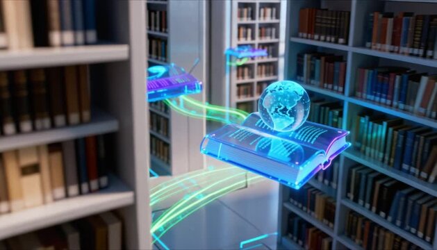 isometric digital library holographic books perfect for world thinking day