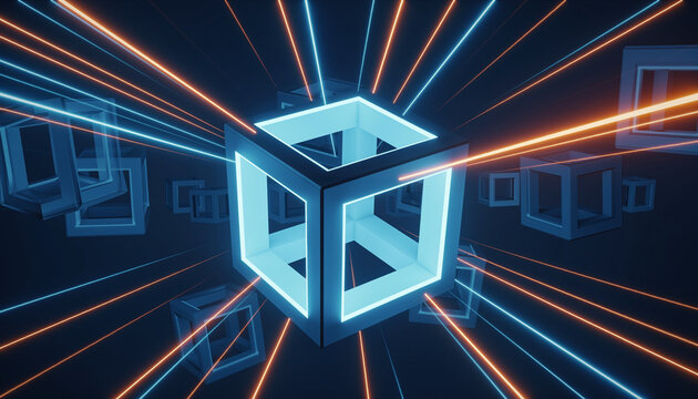 Dynamic abstract visualization of data processing within a technological network, featuring glowing cubes and radiating light lines representing digital connectivity and information flow - Powered by Adobe