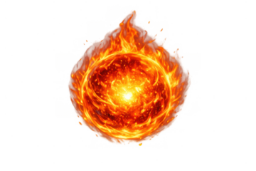 Fireball sphere burning with intense bright energy, showing a dynamic explosion of light and power, transparent background