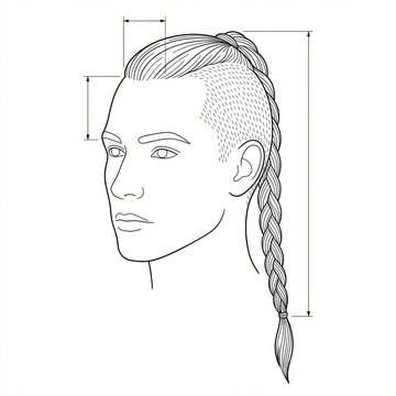 Line art of shaved head with single top braid (Ragnar style), three quarter view. Minimalist barber illustration.
