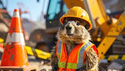 groundhog wearing safety helmet and vest at a construction site