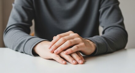 Obraz premium Person with hands clasped on a white table, close up view.