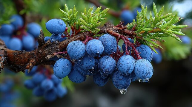 Detailed Close Up of Juniper Berry Branch with Fresh Raindrops Nature