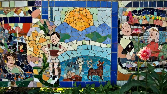 Whimsical mosaic depicting children, animals, and nature in vibrant color tiles