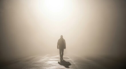 Silhouette of a person walking towards bright light in a misty environment.