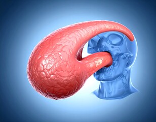 A surreal digital image features a stylized red organ emerging from a blue, translucent human skull against a gradient background