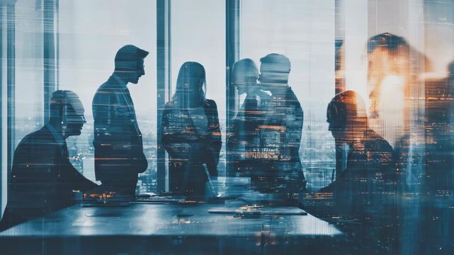 Double exposure business meeting with colleagues discussing strategy and data analysis, modern office interior corporate concept