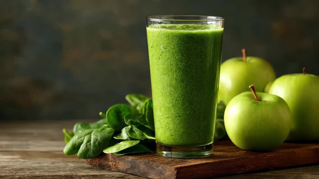 Refreshing green smoothie with spinach and apples on a wooden table in a cozy kitchen setting during daylight hours