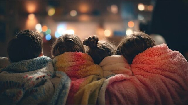 Cozy Comfort: Group of people snuggle under a soft blanket, enjoying a shared moment of relaxation and togetherness, against the backdrop of an intimate setting.