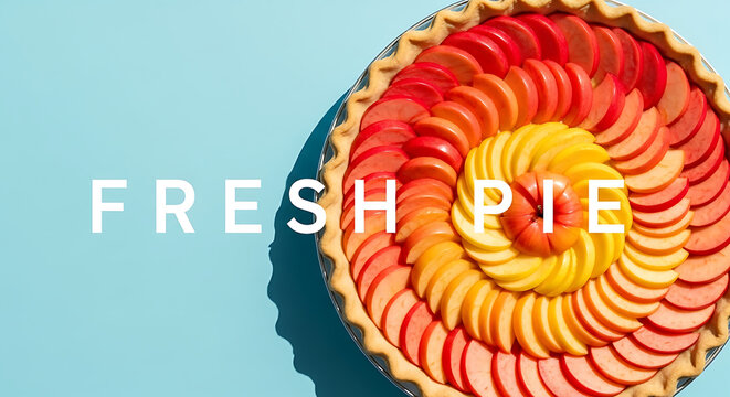 Freshly baked apple pie with sliced apples arranged in a spiral pattern on a light blue background