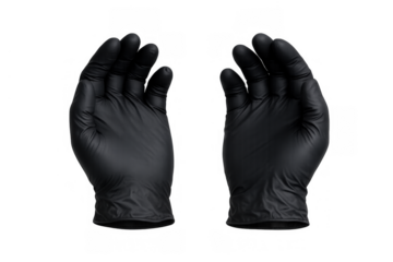 Black nitrile gloves protecting hands, offering safety and hygiene for medical, industrial, and cleaning tasks on transparent background