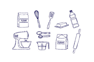 Line art bakery doodle style set, chef hat rolling pin whisk piping bag oven mitt and tiered cake. hand drawn linear vector illustration