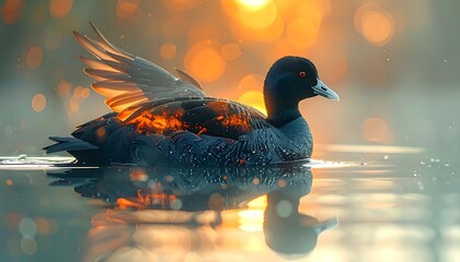 A surreal duck floats on water, bathed in warm sunlight. Its body and wings have a fiery, glowing effect. Background blurred with bokeh