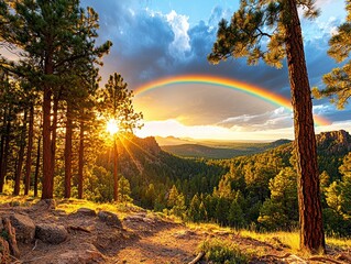 Golden Hour Sunset with Rainbow Above Pine Forest and Mountain Valley