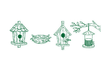 Bird houses linear doodle style vector illustration set. Birdhouse with a bird, homemade nests, feeders and homes, for summer and spring birds. vector hand drawn cute birdhouses collection