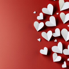 Romantic White Paper Hearts on Red Background with Copy Space, Valentine's Day Concept