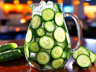 Refreshing Cucumber Water Pitcher with Ice on a Wooden Table