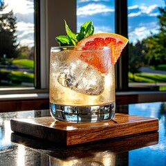 Refreshing Grapefruit Basil Cocktail with Ice by Sunny Window Light