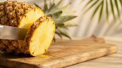 Fresh pineapple being sliced on a wooden cutting board with tropical leaves and sunny shadows in the background, conveying healthy summer vibes.