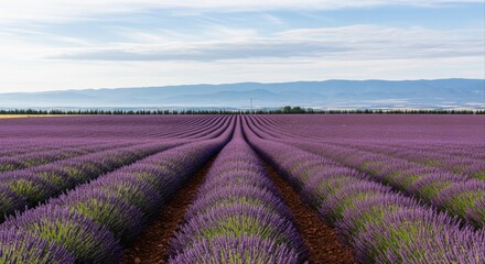 Fototapeta premium Vibrant Lavender Field Landscape in Provence, France, Under a Bright Sky with Distant Mountains