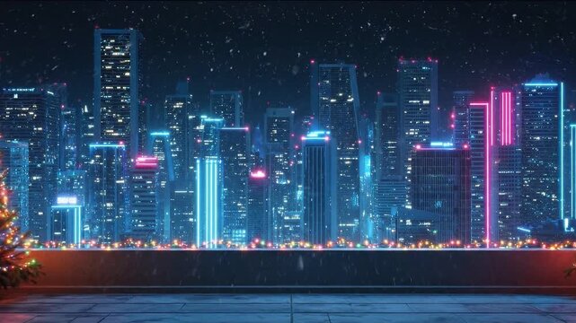 Festive Cityscape Under a Starry Night Sky: A stunning modern cityscape adorned with vibrant neon lights and sparkling stars, the scene is set for a celebration during the holidays. 