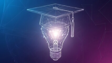 Wireframe concept depicting academic achievement symbolized by a glowing light bulb underneath a mortarboard graduation cap design.