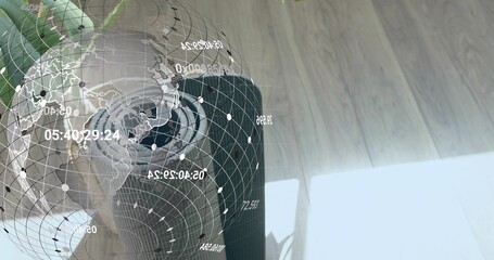 Holding phone, reflected adult in dark stripes leaning at glass table, with bowl and digital globe